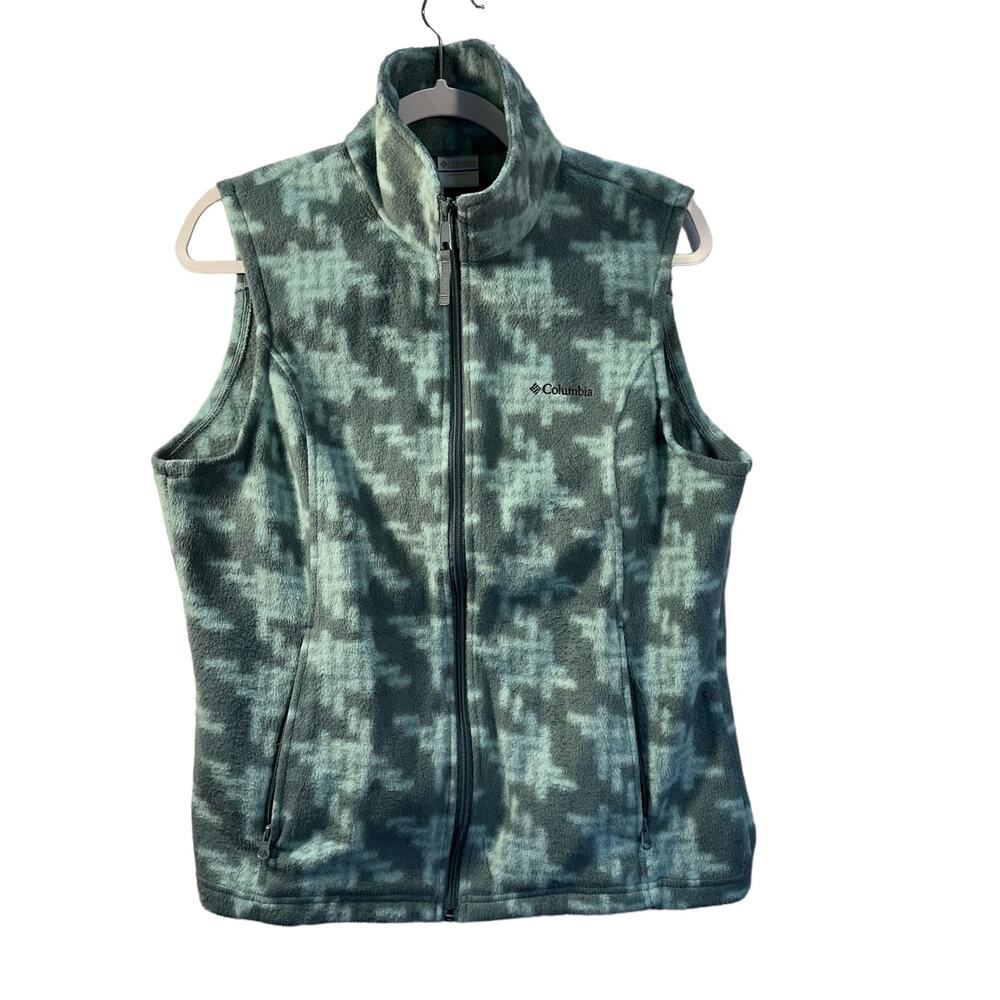 Columbia Womens L Green Houndstooth Fleece Vest Mock Neck Zip Cabincore Outdoor